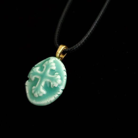 Handmade Ceramic Aqua Green Fleur De Lis Cross Pendant Necklace - Picture 6 of 14
